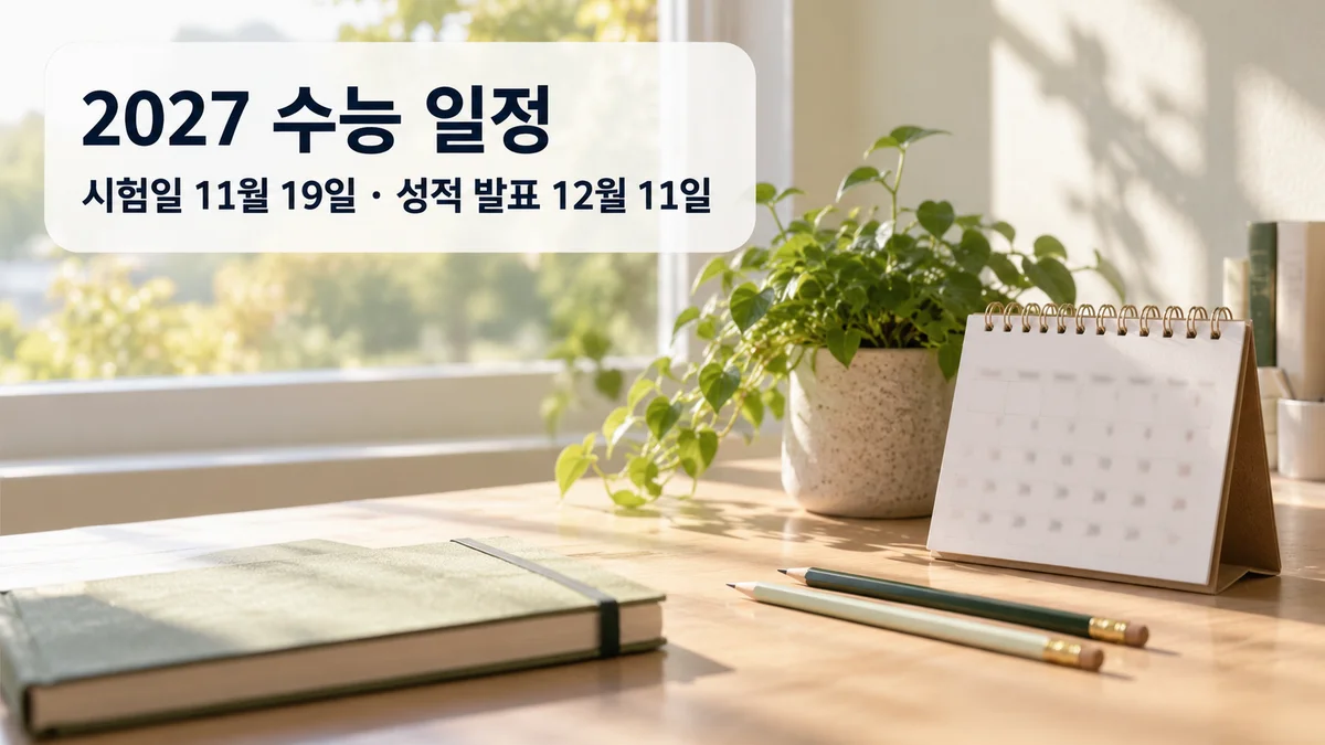 2027 수능 일정 대표 이미지: 시험일 11월 19일과 성적 발표 12월 11일을 적은 공부 책상 사진